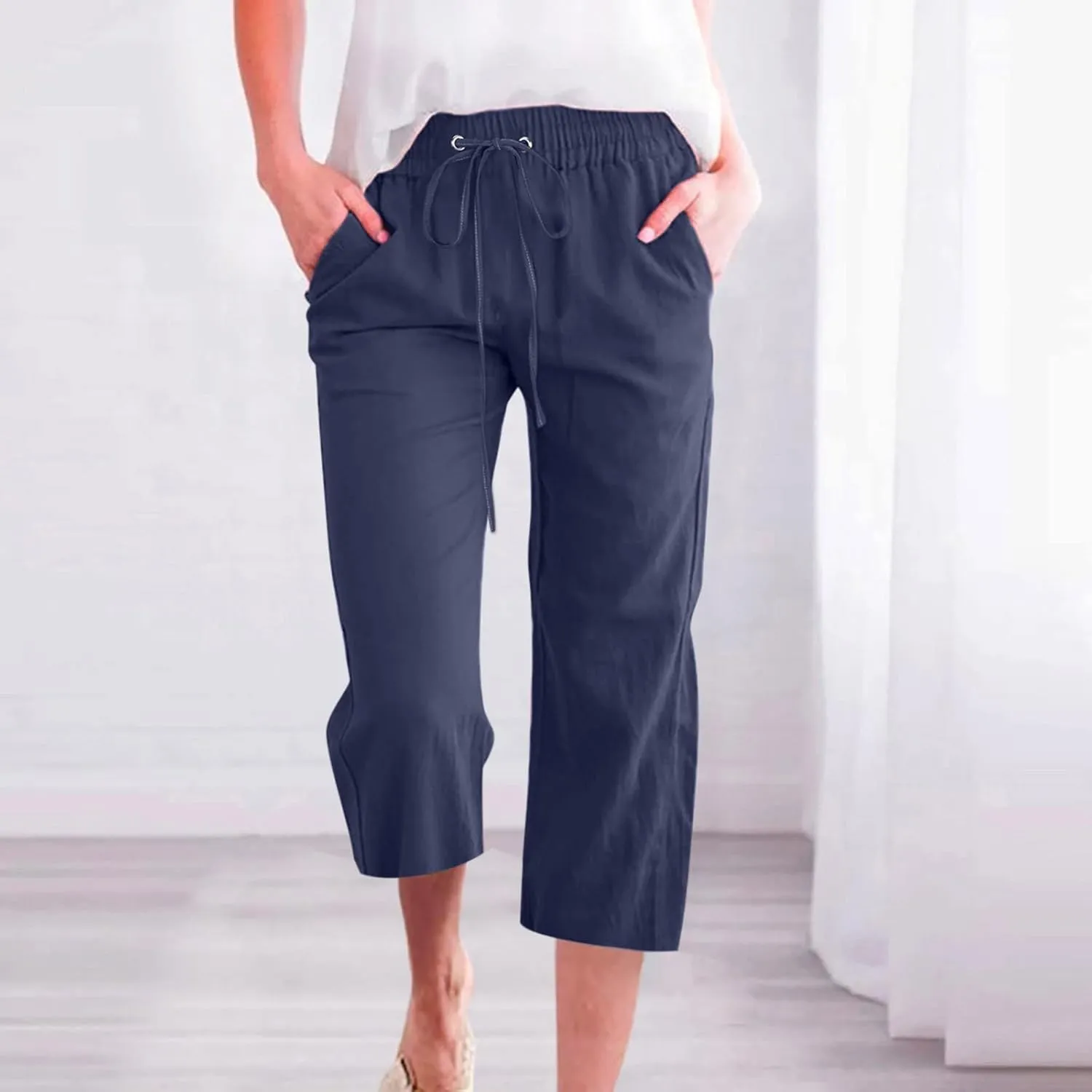 Womens Cotton Linen Pants Casual Summer 2025 Casual Drawstring Elastic Pants with Pockets Lounge Cropped Trouser