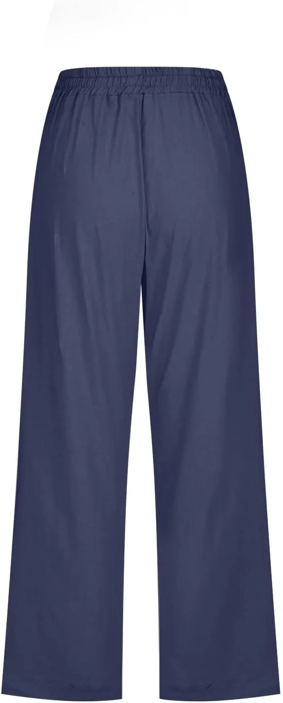 Womens Cotton Linen Pants Casual Summer 2025 Casual Drawstring Elastic Pants with Pockets Lounge Cropped Trouser