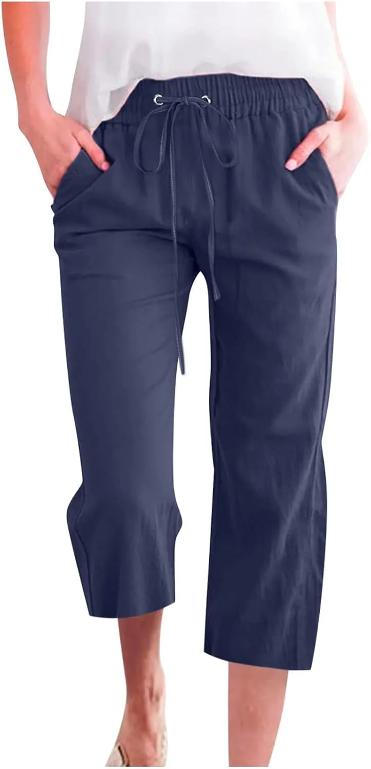 Womens Cotton Linen Pants Casual Summer 2025 Casual Drawstring Elastic Pants with Pockets Lounge Cropped Trouser