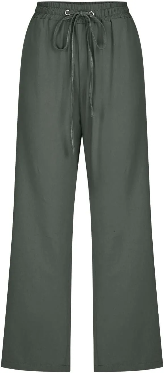 Womens Cotton Linen Pants Casual Summer 2025 Casual Drawstring Elastic Pants with Pockets Lounge Cropped Trouser