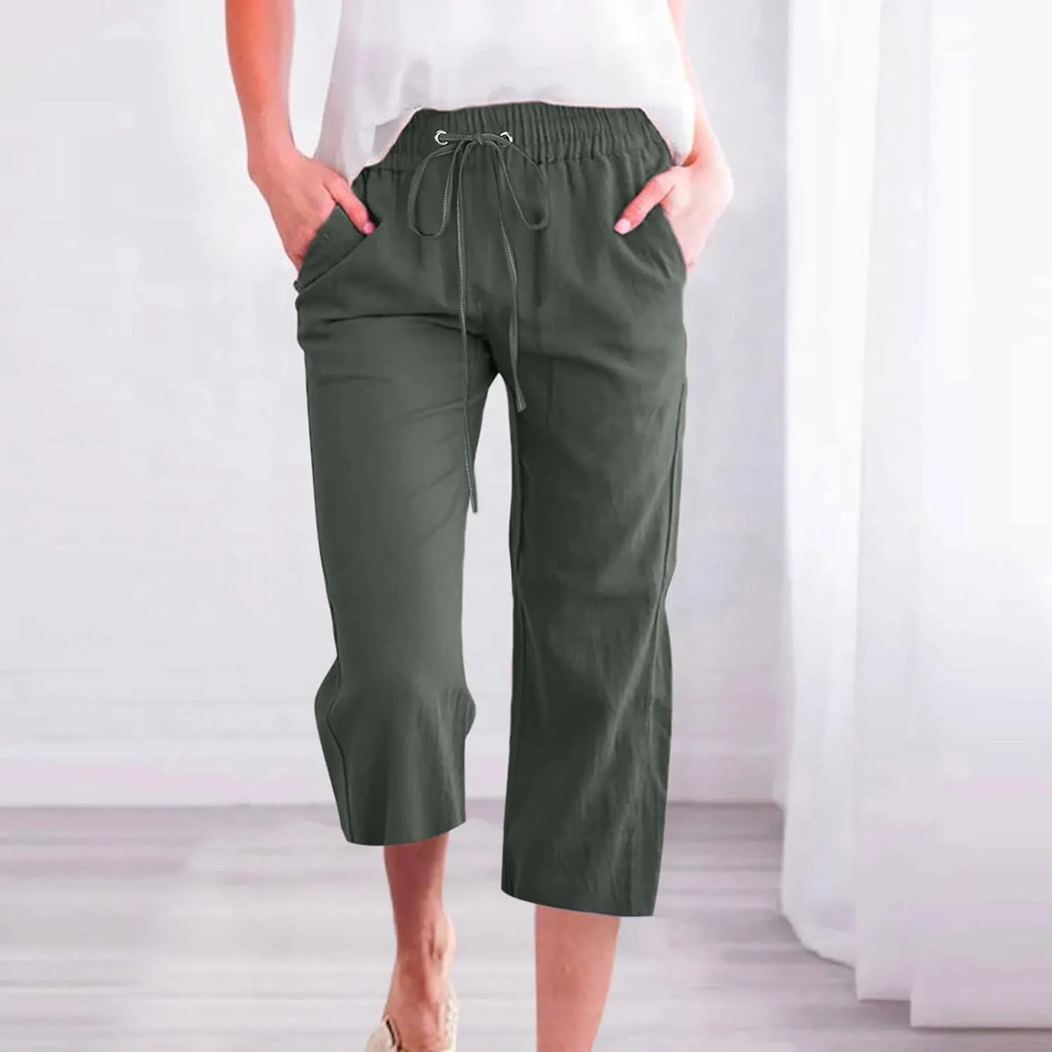 Womens Cotton Linen Pants Casual Summer 2025 Casual Drawstring Elastic Pants with Pockets Lounge Cropped Trouser