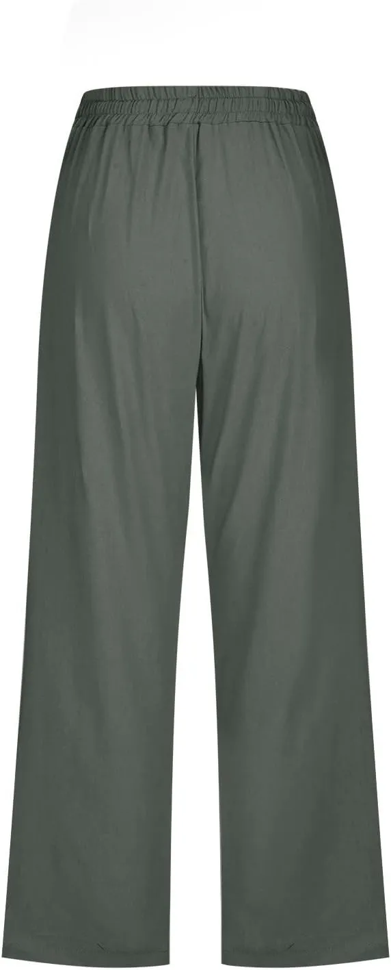 Womens Cotton Linen Pants Casual Summer 2025 Casual Drawstring Elastic Pants with Pockets Lounge Cropped Trouser
