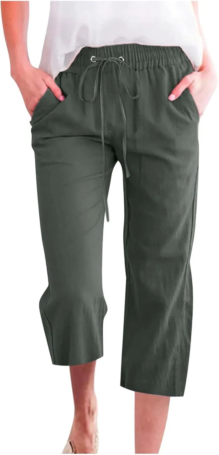Womens Cotton Linen Pants Casual Summer 2025 Casual Drawstring Elastic Pants with Pockets Lounge Cropped Trouser