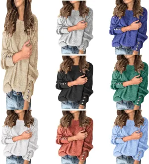 Women's Crewneck Sweater Solid Chunky Cable Knit Pullover Jumper Button Sleeve Tops Trendy Thermal Shirts Plus Size