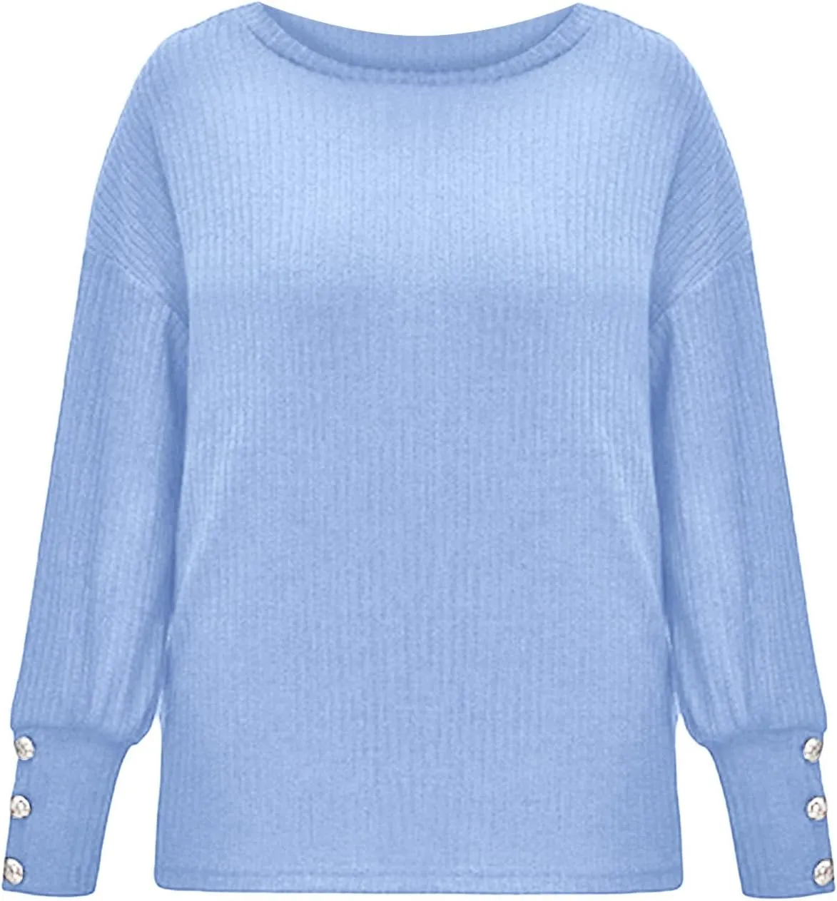 Women's Crewneck Sweater Solid Chunky Cable Knit Pullover Jumper Button Sleeve Tops Trendy Thermal Shirts Plus Size