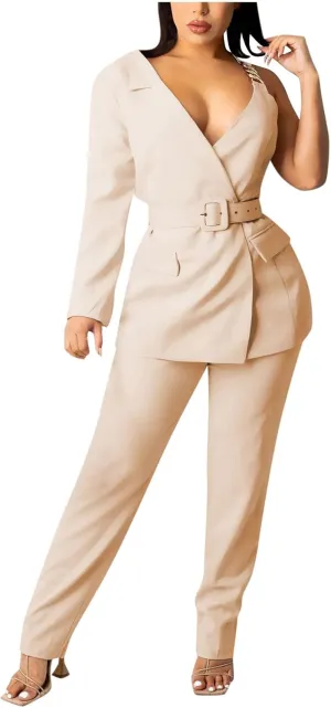 Women's Dressy Pant Suits Belted Asymmetrical Blazer Tops and Pencil Pants Wedding Outfits 2 Piece Formal Pantsuits