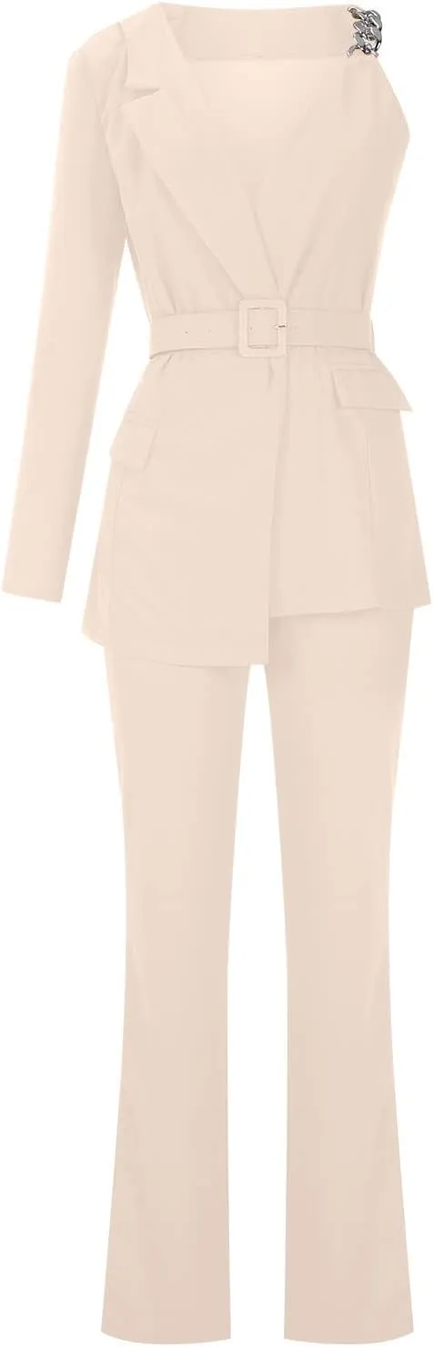 Women's Dressy Pant Suits Belted Asymmetrical Blazer Tops and Pencil Pants Wedding Outfits 2 Piece Formal Pantsuits