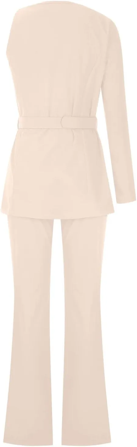 Women's Dressy Pant Suits Belted Asymmetrical Blazer Tops and Pencil Pants Wedding Outfits 2 Piece Formal Pantsuits
