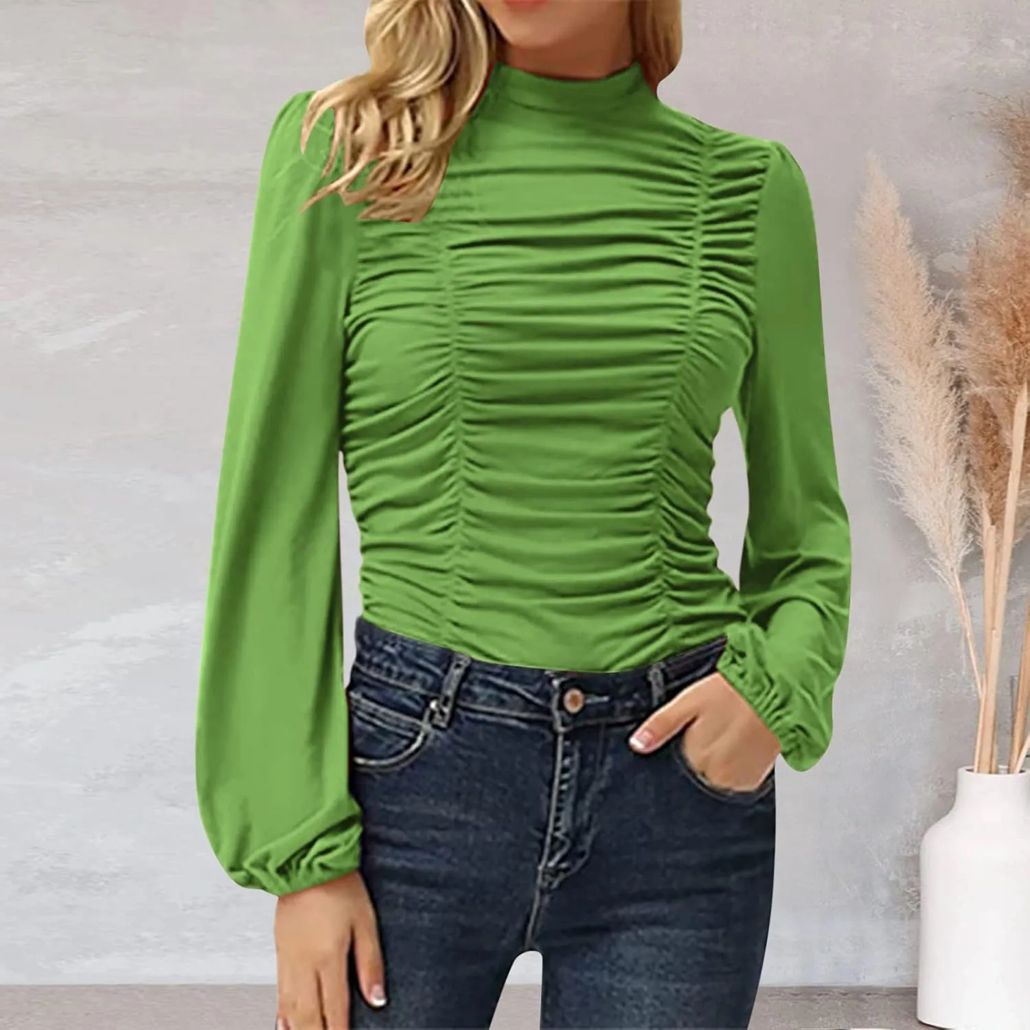 Women's Dressy T Shirts Elegant Turtleneck Ruffle Trim Long Sleeve Petite Tunics Daily Fashion Business Work Blouse