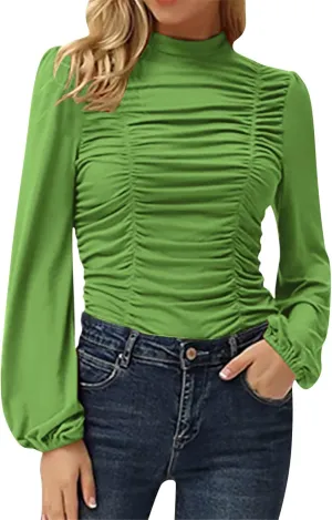Women's Dressy T Shirts Elegant Turtleneck Ruffle Trim Long Sleeve Petite Tunics Daily Fashion Business Work Blouse