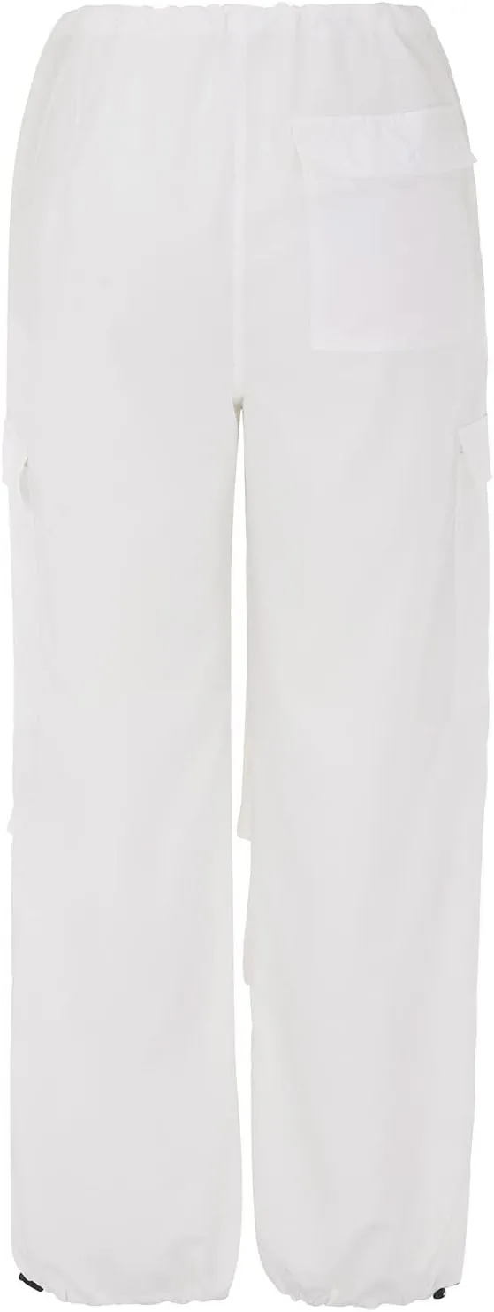 Women's Elastic Mid Waisted Drawstring Cargo Pants Solid Wide Straight Leg Casual Trousers Summer Street Lightweight Pants