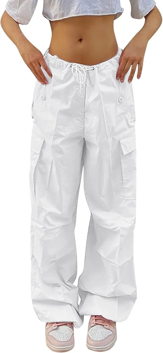 Women's Elastic Mid Waisted Drawstring Cargo Pants Solid Wide Straight Leg Casual Trousers Summer Street Lightweight Pants