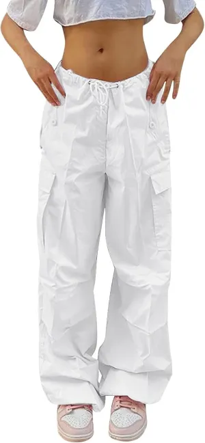 Women's Elastic Mid Waisted Drawstring Cargo Pants Solid Wide Straight Leg Casual Trousers Summer Street Lightweight Pants