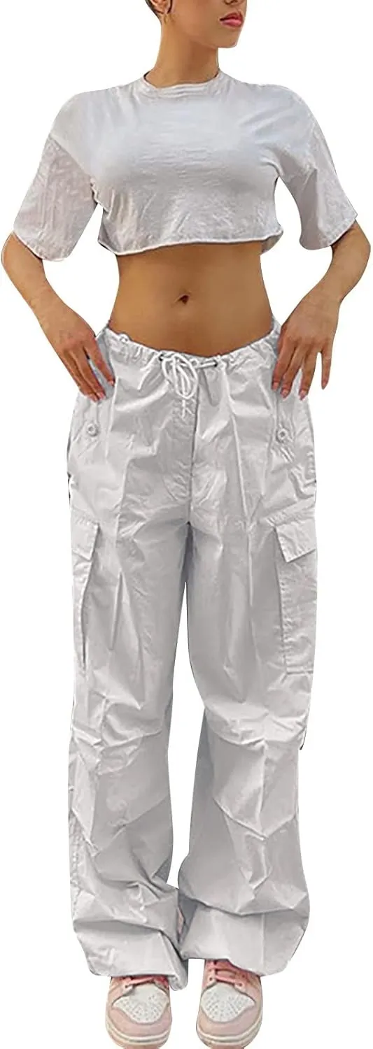 Women's Elastic Mid Waisted Drawstring Cargo Pants Solid Wide Straight Leg Casual Trousers Summer Street Lightweight Pants