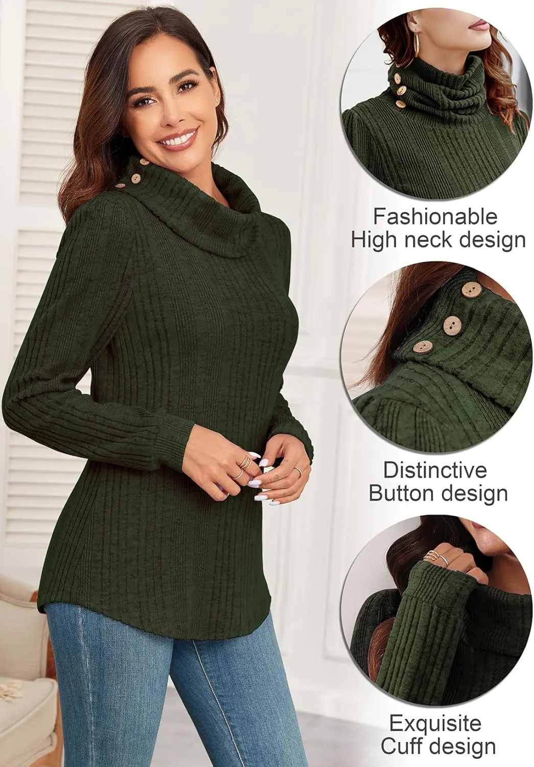 Women's Fall Sweaters 2024 Turtleneck Tunics Tops for Leggings for Women Button Casual Pullover Sweatshirts