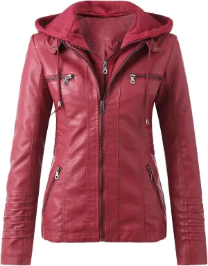 Women's Faux Leather Jackets Plus Size Slim Fit Full Zip Hooded Moto Biker Coat Casual Warm PU Overcoat with Pockets