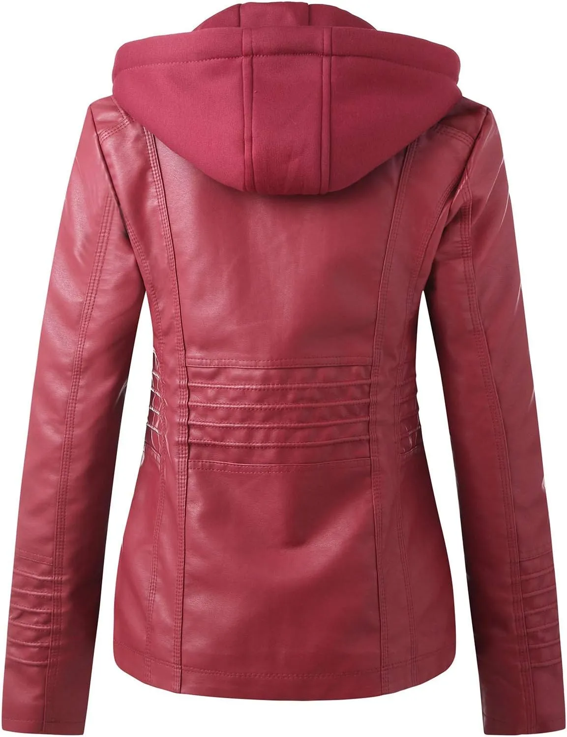 Womens Faux Leather Motorcycle Jacket with Removable Hood Trendy Fake Two Piece Tunic Moto Biker Coat Winter Jackets