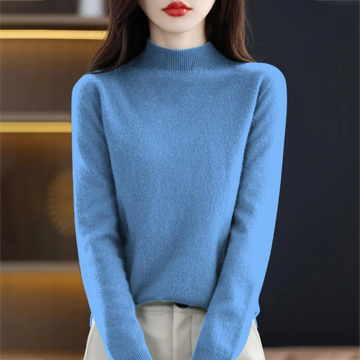 Womens Fleece Pullover Half Turtleneck Solid Color Basic Casual Sweater Tops Fashion Soft Knitted Long Sleeve Sweater