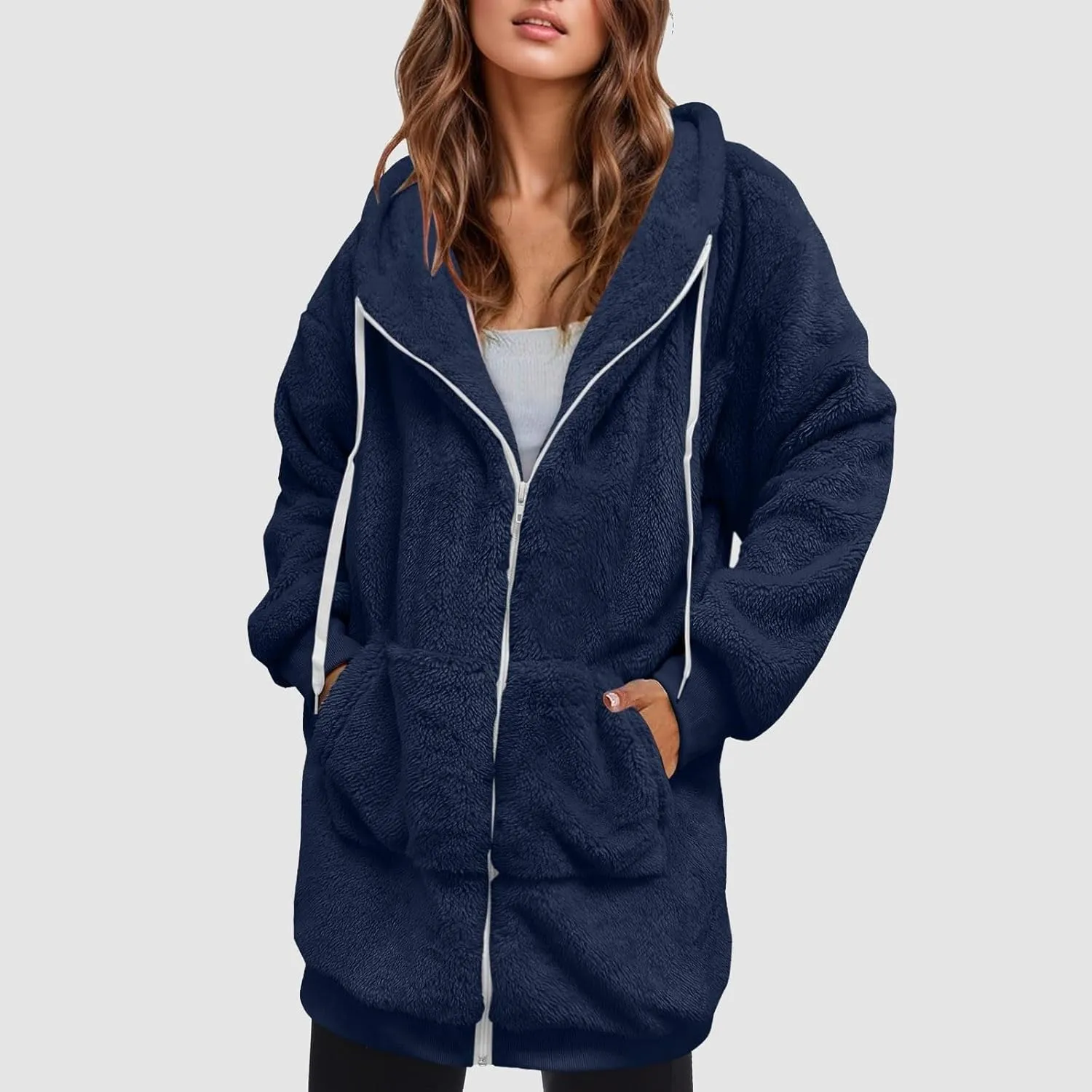 Womens Fleece Zip Up Jacket Oversize Long Sherpa Hoodie Fuzzy Soft Coat Winter Warm Coat Fluffy Overcoat with Pockets