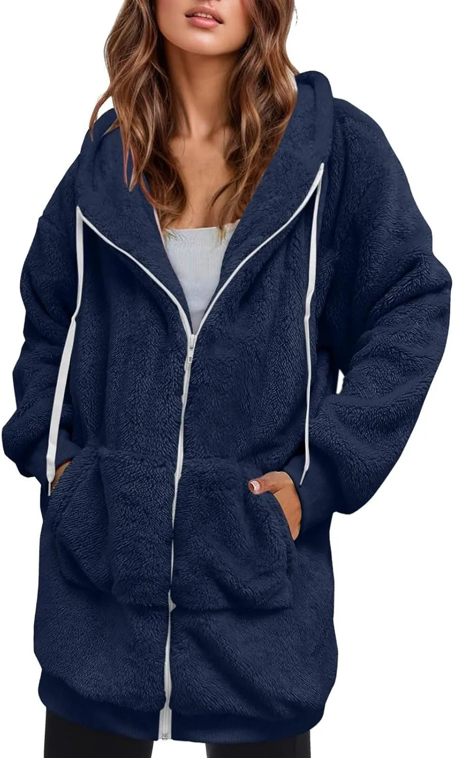 Womens Fleece Zip Up Jacket Oversize Long Sherpa Hoodie Fuzzy Soft Coat Winter Warm Coat Fluffy Overcoat with Pockets