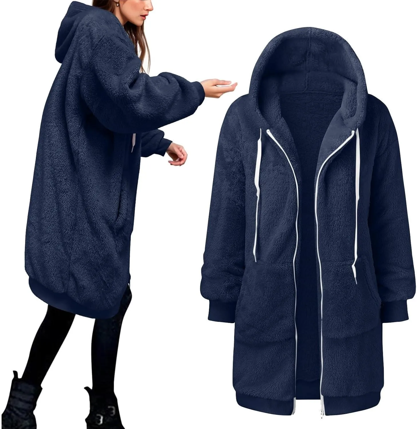 Womens Fleece Zip Up Jacket Oversize Long Sherpa Hoodie Fuzzy Soft Coat Winter Warm Coat Fluffy Overcoat with Pockets