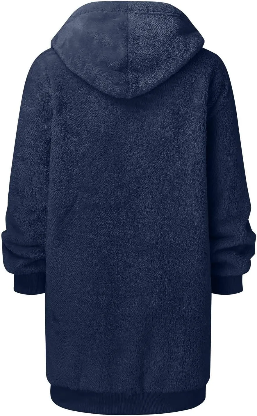 Womens Fleece Zip Up Jacket Oversize Long Sherpa Hoodie Fuzzy Soft Coat Winter Warm Coat Fluffy Overcoat with Pockets