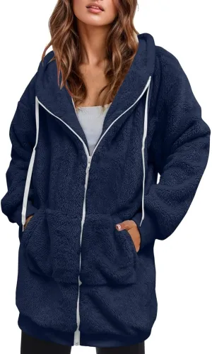 Womens Fleece Zip Up Jacket Oversize Long Sherpa Hoodie Fuzzy Soft Coat Winter Warm Coat Fluffy Overcoat with Pockets