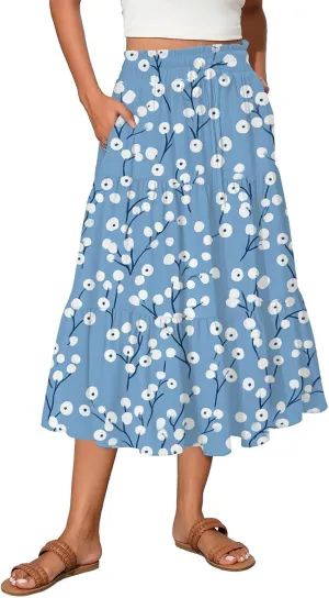 Womens Floral Midi Skirts A-Line Tiered Ruffle Boho Skirts Elastic Waist Flowy Skirt with Pockets