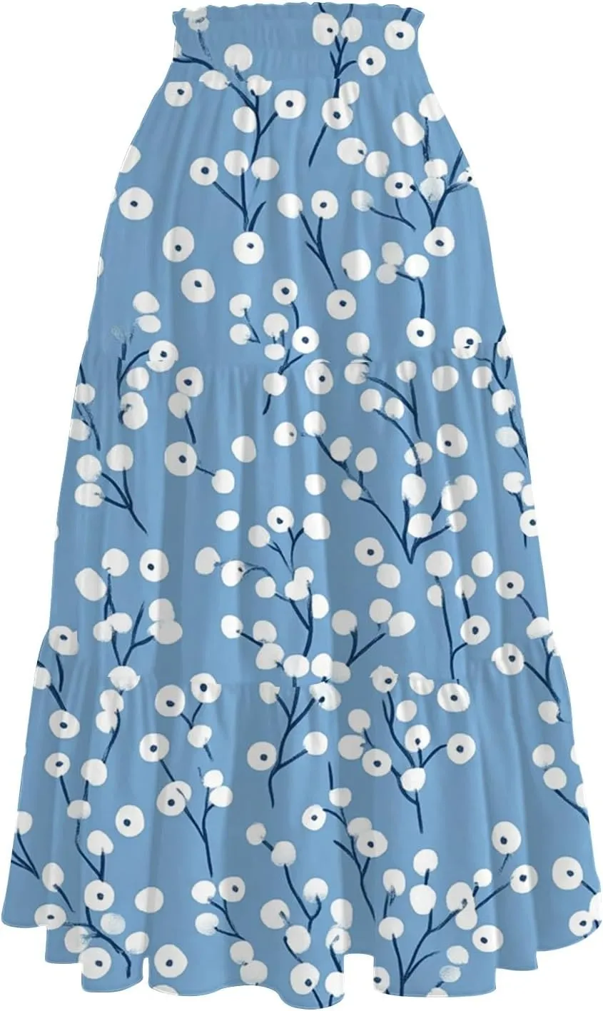 Womens Floral Midi Skirts A-Line Tiered Ruffle Boho Skirts Elastic Waist Flowy Skirt with Pockets