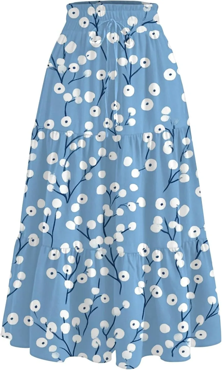 Womens Floral Midi Skirts A-Line Tiered Ruffle Boho Skirts Elastic Waist Flowy Skirt with Pockets