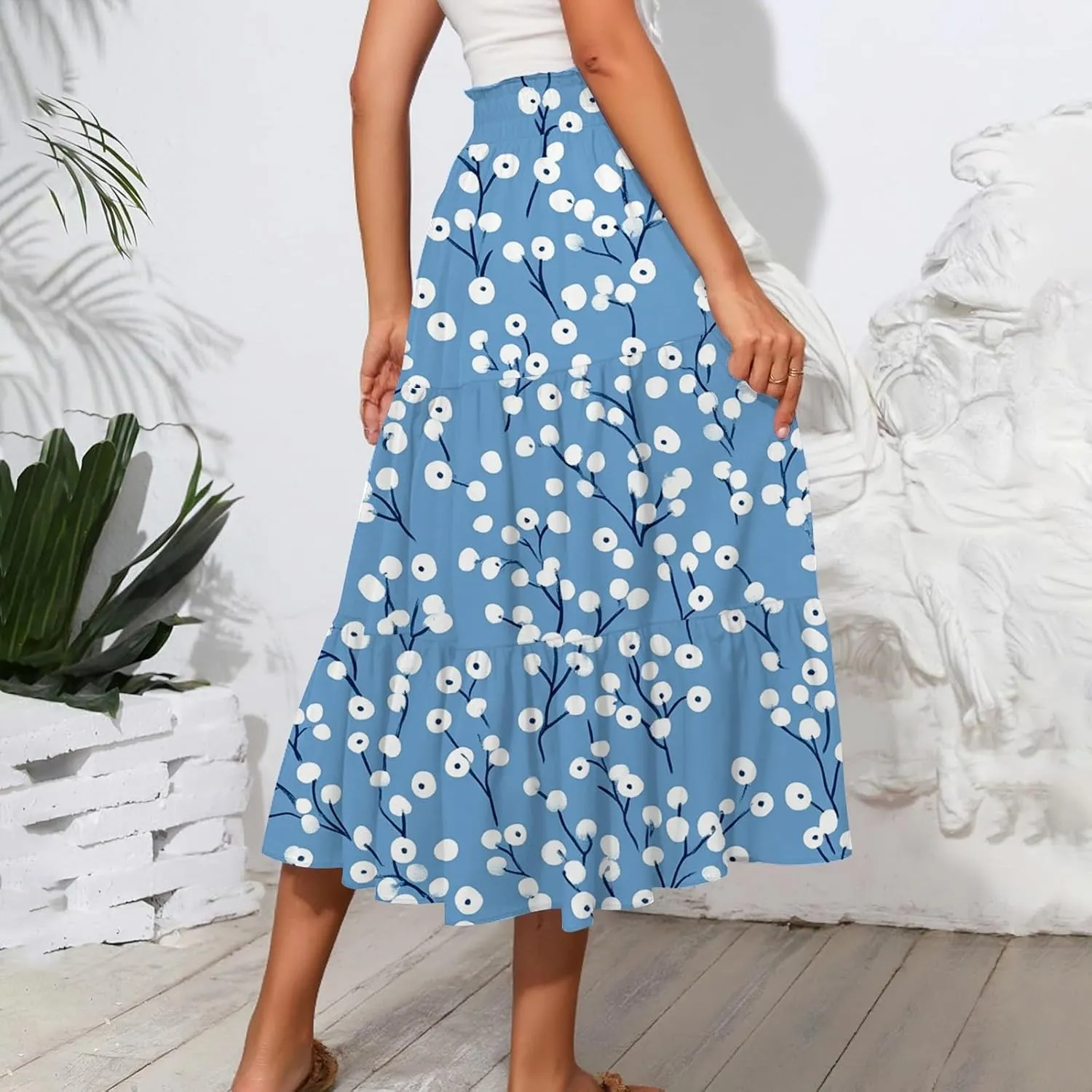 Womens Floral Midi Skirts A-Line Tiered Ruffle Boho Skirts Elastic Waist Flowy Skirt with Pockets