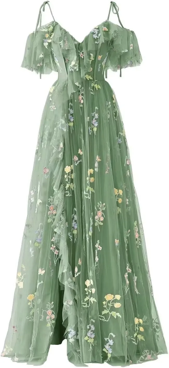 Women's Flower Embroidery Tulle Prom Dresses Corset A Line Long Slit Ruffles Formal Party Gowns