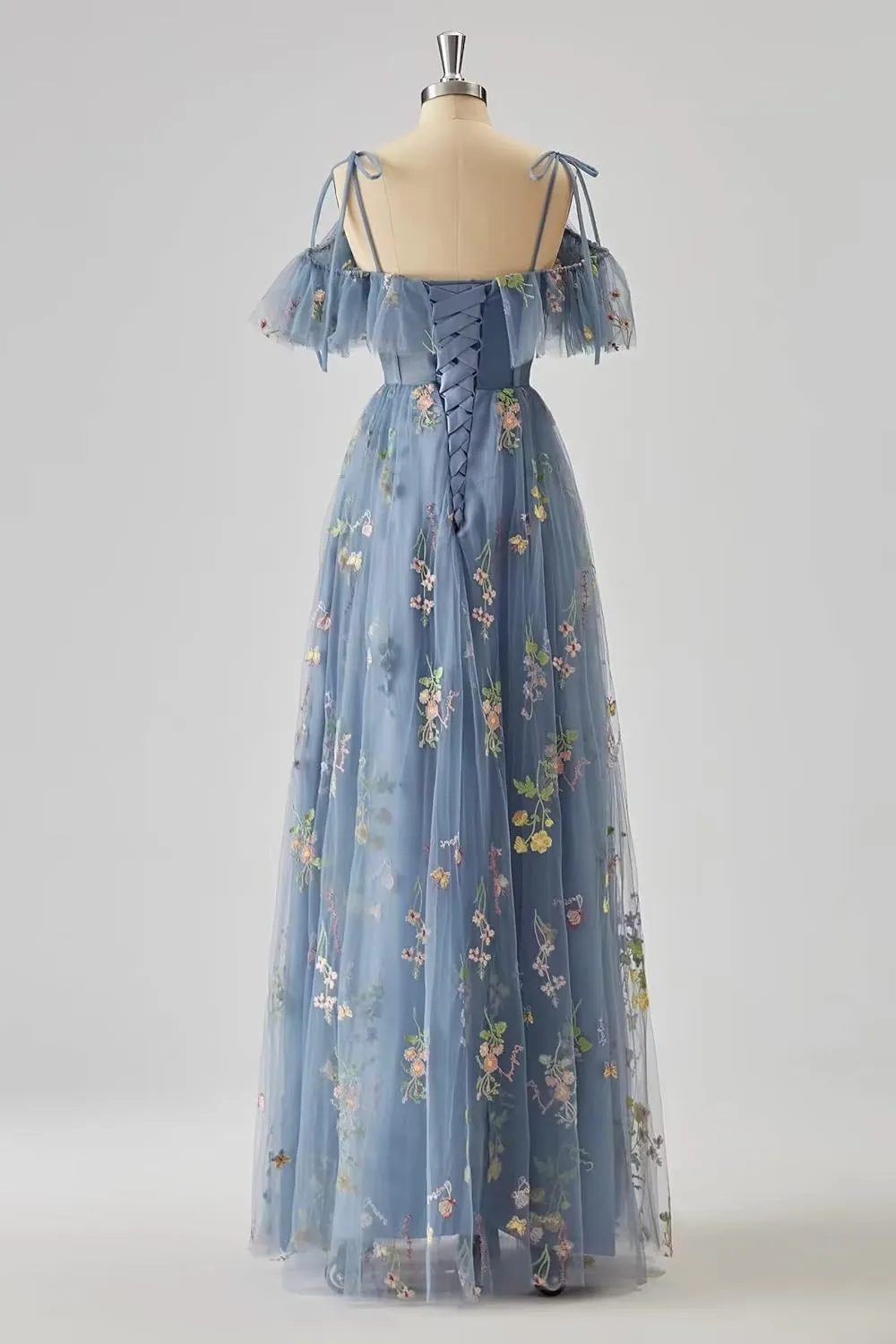 Women's Flower Embroidery Tulle Prom Dresses Corset A Line Long Slit Ruffles Formal Party Gowns