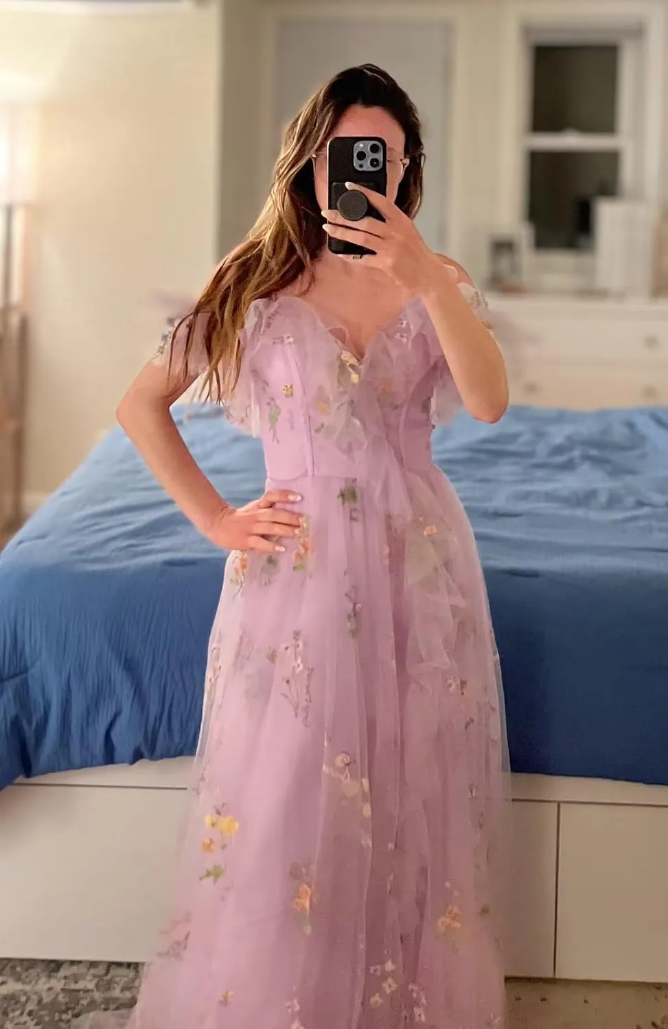 Women's Flower Embroidery Tulle Prom Dresses Corset A Line Long Slit Ruffles Formal Party Gowns