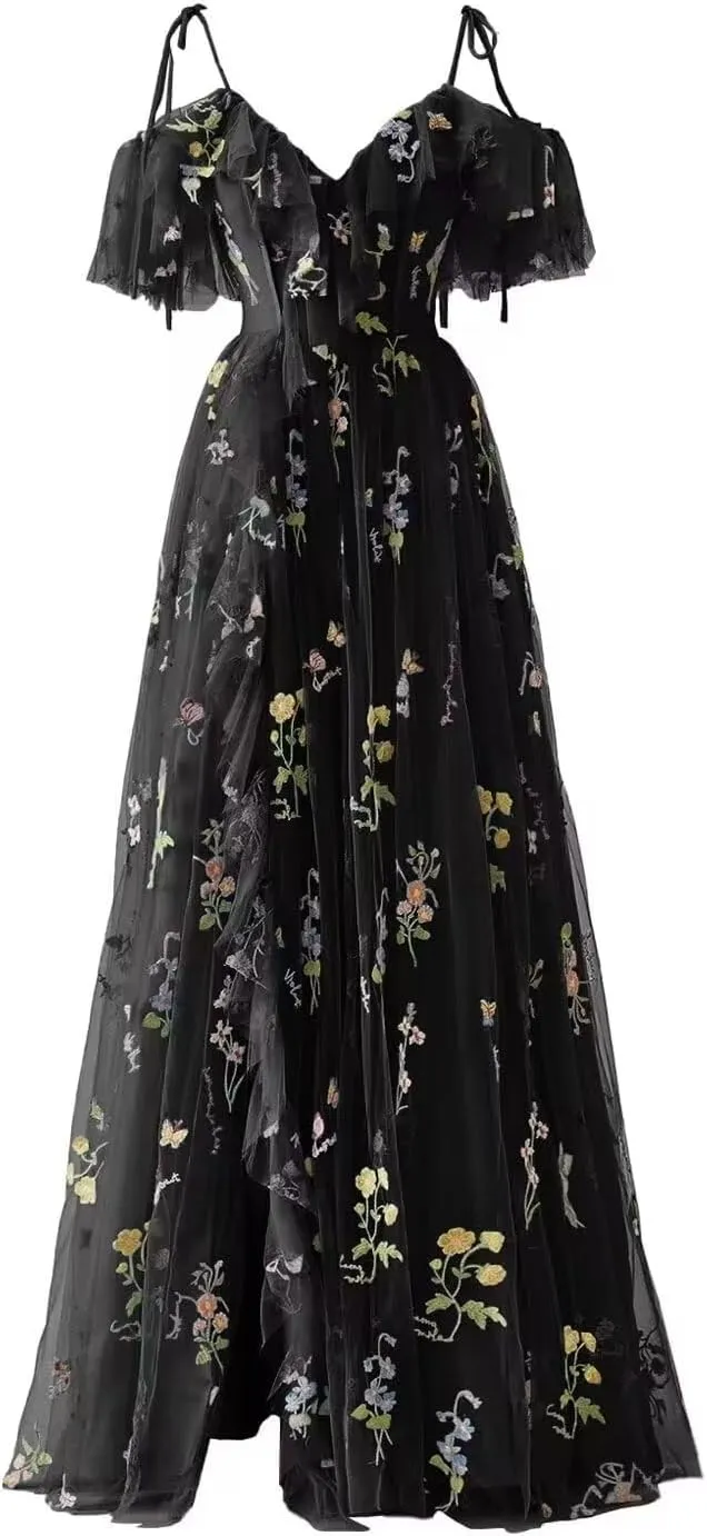 Women's Flower Embroidery Tulle Prom Dresses Corset A Line Long Slit Ruffles Formal Party Gowns