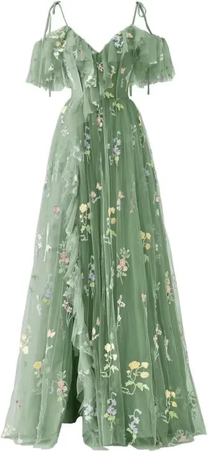 Women's Flower Embroidery Tulle Prom Dresses Corset A Line Long Slit Ruffles Formal Party Gowns