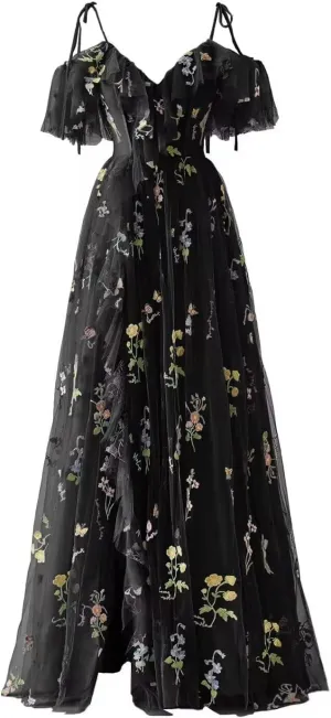 Women's Flower Embroidery Tulle Prom Dresses Corset A Line Long Slit Ruffles Formal Party Gowns