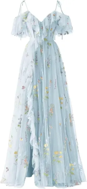 Women's Flower Embroidery Tulle Prom Dresses Corset A Line Long Slit Ruffles Formal Party Gowns