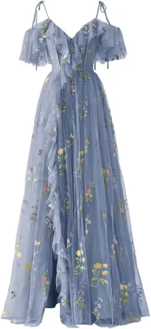 Women's Flower Embroidery Tulle Prom Dresses Corset A Line Long Slit Ruffles Formal Party Gowns