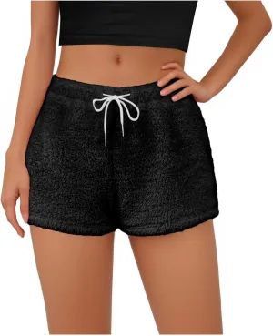 Women's Fuzzy Pajama Shorts Fleece Lounge Short Pants Comfy Drawstring Waist Sleepwear Winter Warm Loungewear