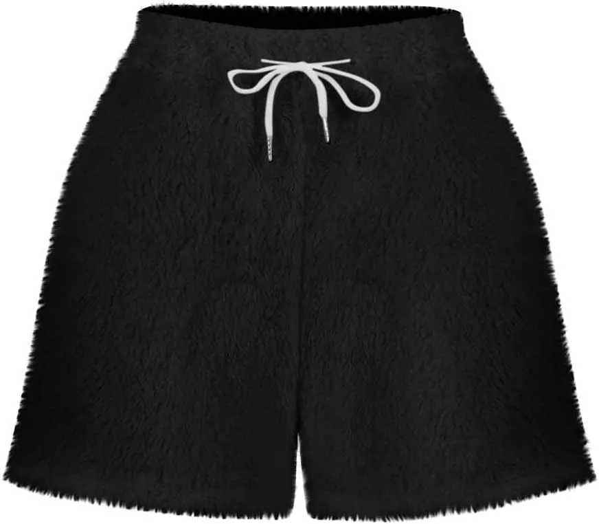 Women's Fuzzy Pajama Shorts Fleece Lounge Short Pants Comfy Drawstring Waist Sleepwear Winter Warm Loungewear
