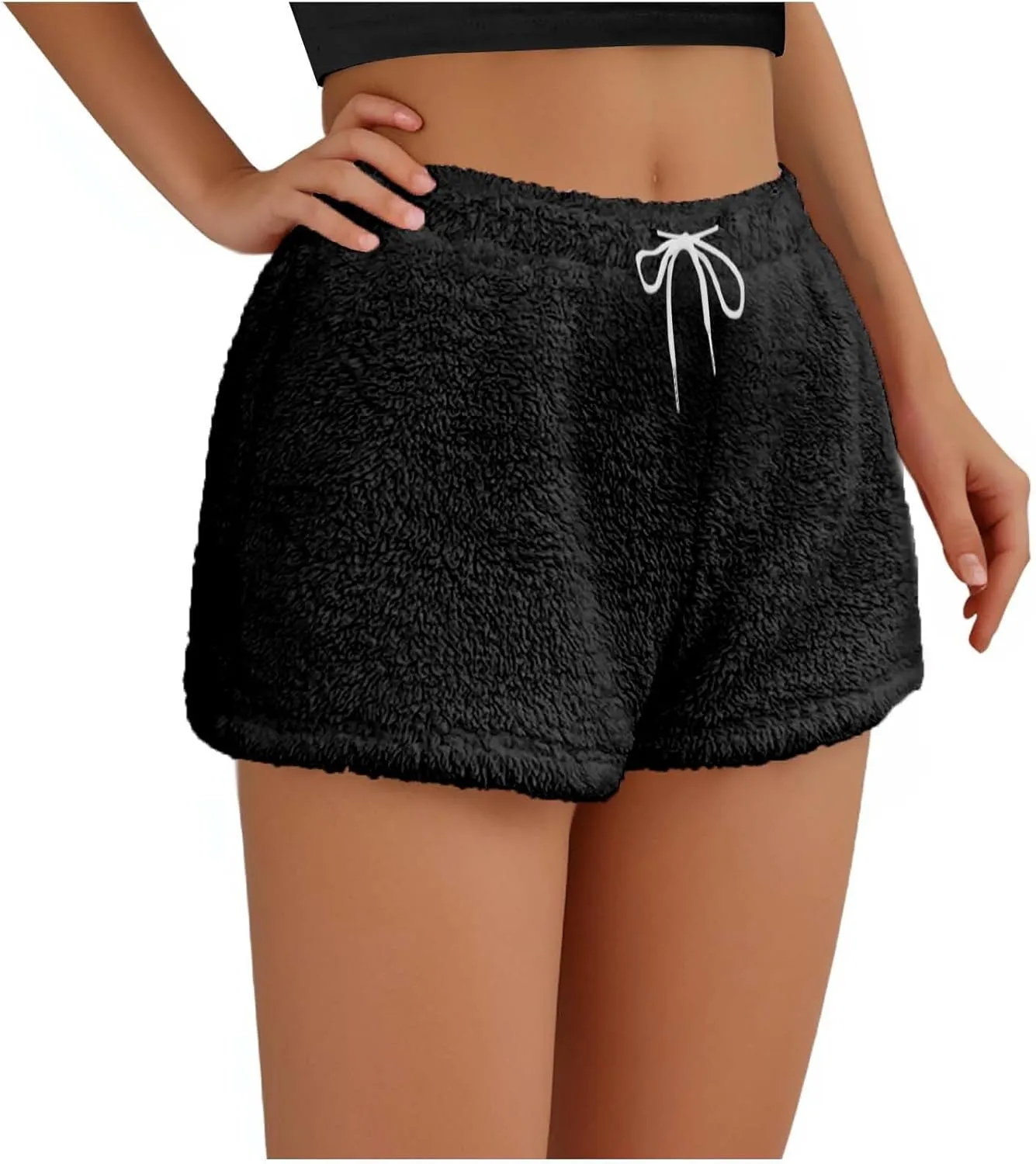 Women's Fuzzy Pajama Shorts Fleece Lounge Short Pants Comfy Drawstring Waist Sleepwear Winter Warm Loungewear