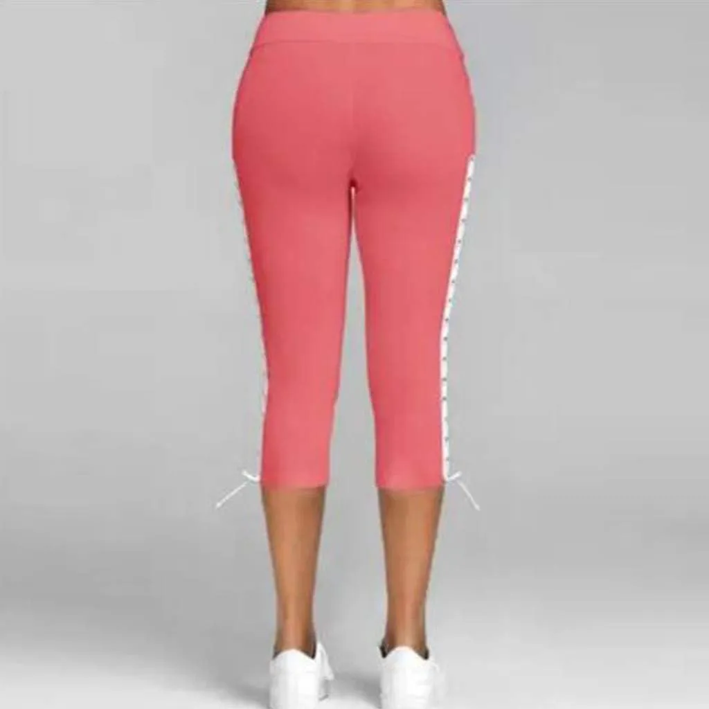 Women's High Waist Solid Lace Up Capri Pants Fashion Lightweight Breathable Straight Leg Cropped Trousers Cotton Soft Pant