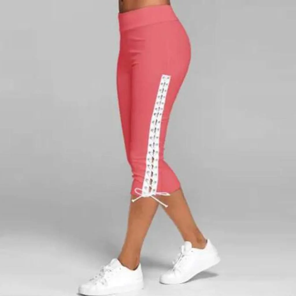 Women's High Waist Solid Lace Up Capri Pants Fashion Lightweight Breathable Straight Leg Cropped Trousers Cotton Soft Pant