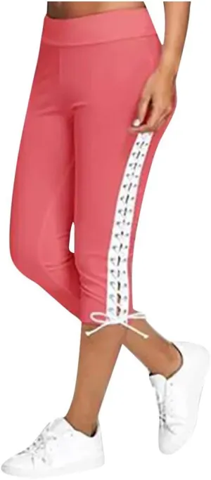 Women's High Waist Solid Lace Up Capri Pants Fashion Lightweight Breathable Straight Leg Cropped Trousers Cotton Soft Pant