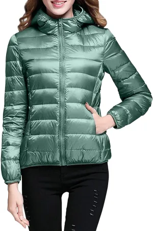 Womens Lightweight Packable Puffer Jacket Winter Warm Hooded Duck Down Coat Slim Fit Bubble Outwear with Storage Bag
