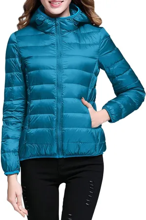 Womens Lightweight Packable Puffer Jacket Winter Warm Hooded Duck Down Coat Slim Fit Bubble Outwear with Storage Bag