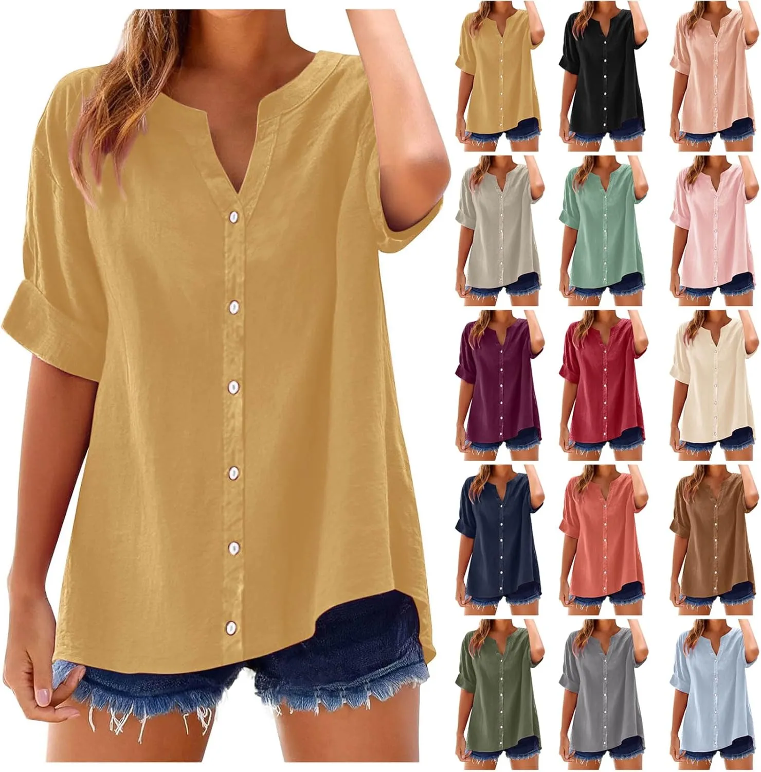 Womens Linen Button Down Shirts Short Sleeve Oversized Boyfriend Solid Tunic Tops Casual Dressy Tunics