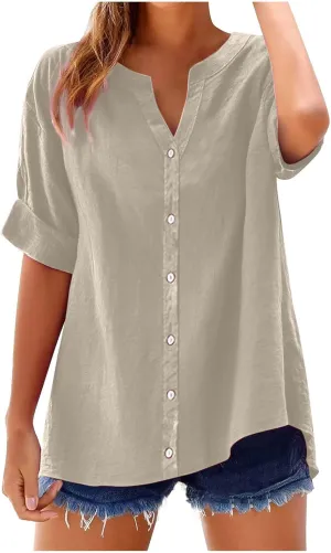 Womens Linen Button Down Shirts Short Sleeve Oversized Boyfriend Solid Tunic Tops Casual Dressy Tunics