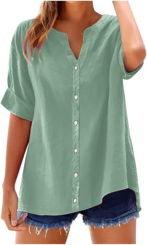 Womens Linen Button Down Shirts Short Sleeve Oversized Boyfriend Solid Tunic Tops Casual Dressy Tunics